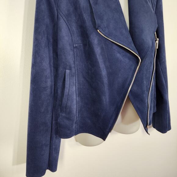Tahari Draped Faux Leather Moto Jacket Womens Small Blue Asymmetrical Zip Career - Picture 7 of 13